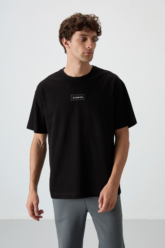 Black Cotton Thick Textured Surface Oversize Fit Printed Men's T-Shirt - 88367
