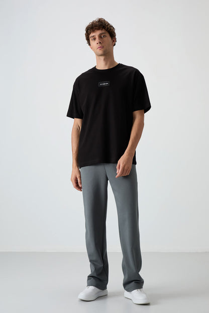 Black Cotton Thick Textured Surface Oversize Fit Printed Men's T-Shirt - 88367