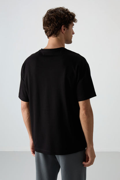 Black Cotton Thick Textured Surface Oversize Fit Printed Men's T-Shirt - 88367