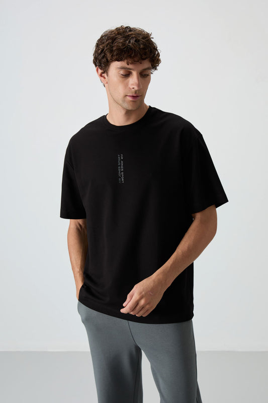 Black Cotton Thick Textured Surface Oversize Fit Printed Men's T-Shirt - 88368