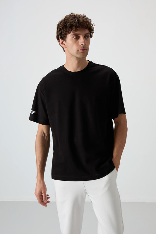 Black Cotton Thick Textured Surface Oversize Fit Printed Men's T-Shirt - 88369