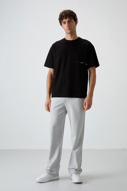 Black Cotton Thick Textured Surface Oversize Fit Printed Men's T-Shirt - 88370
