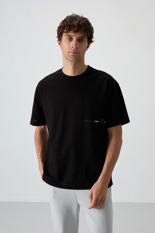Black Cotton Thick Textured Surface Oversize Fit Printed Men's T-Shirt - 88370
