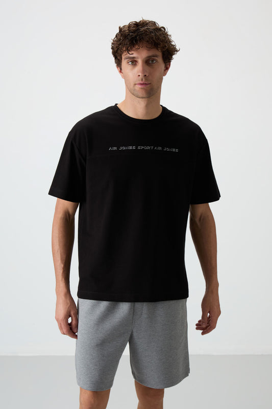 Black Cotton Thick Textured Surface Oversize Fit Printed Men's T-Shirt - 88371