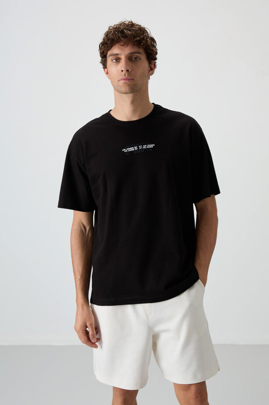 Black Cotton Thick Textured Surface Oversize Fit Printed Men's T-Shirt - 88372