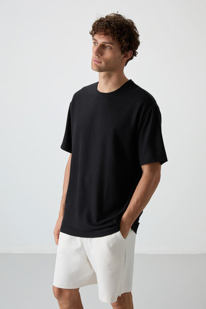 Black Waffle Interlock Textured Surface Oversize Fit Basic Men's T-Shirt - 88379