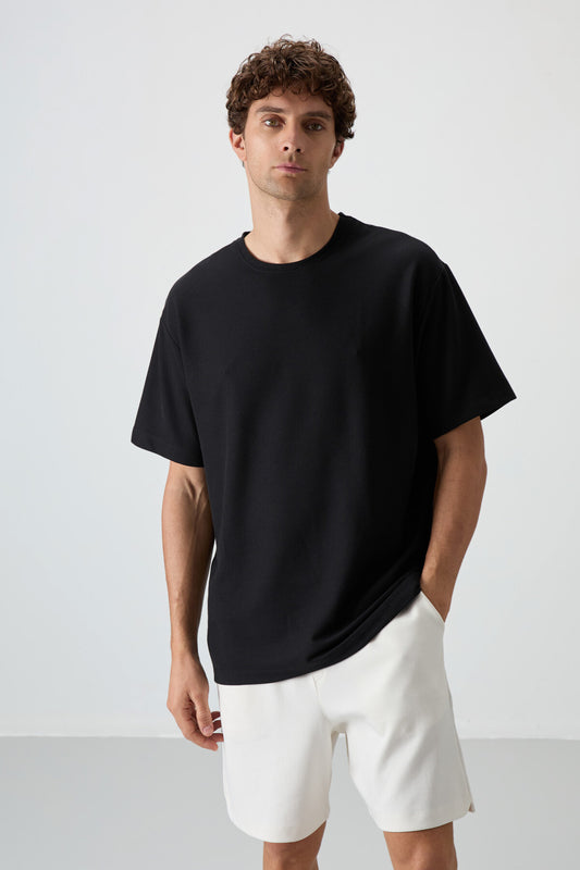 Black Waffle Interlock Textured Surface Oversize Fit Basic Men's T-Shirt - 88379