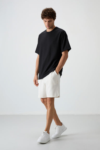 Black Waffle Interlock Textured Surface Oversize Fit Basic Men's T-Shirt - 88379