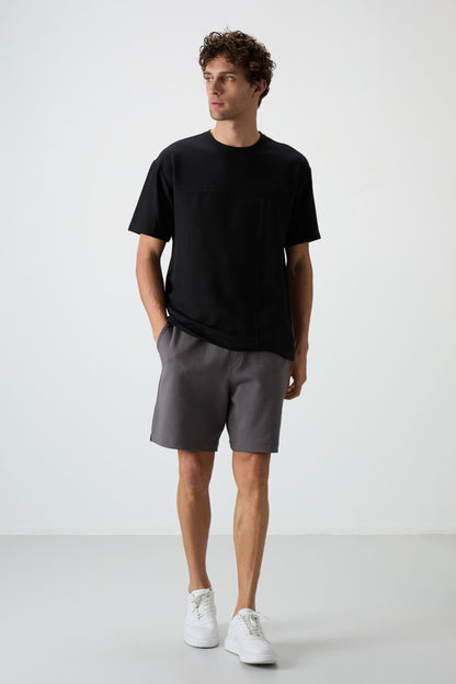 Black Waffle Interlock Textured Surface Oversize Fit Basic Men's T-Shirt - 88380