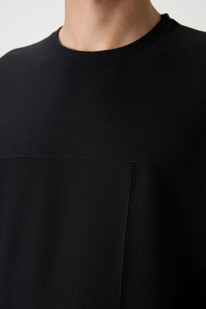 Black Waffle Interlock Textured Surface Oversize Fit Basic Men's T-Shirt - 88380
