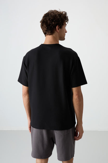 Black Waffle Interlock Textured Surface Oversize Fit Basic Men's T-Shirt - 88380
