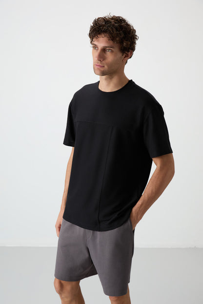 Black Waffle Interlock Textured Surface Oversize Fit Basic Men's T-Shirt - 88380