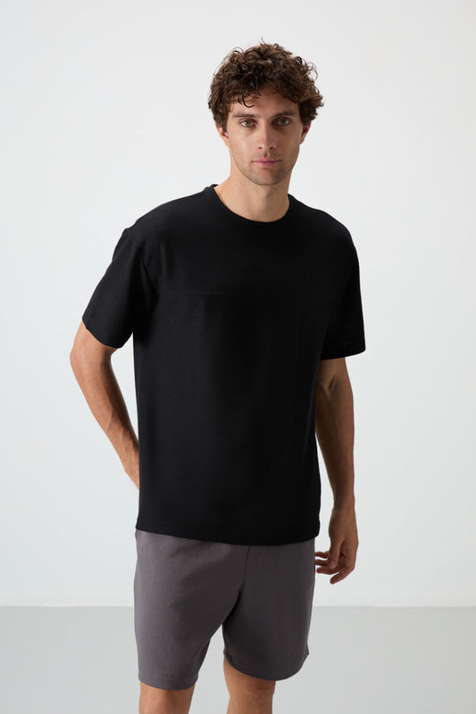 Black Waffle Interlock Textured Surface Oversize Fit Basic Men's T-Shirt - 88380