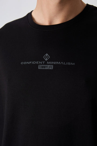 Black - Anthracite Cotton Thick Soft Textured Oversize Fit Printed Men's T-Shirt - 88321