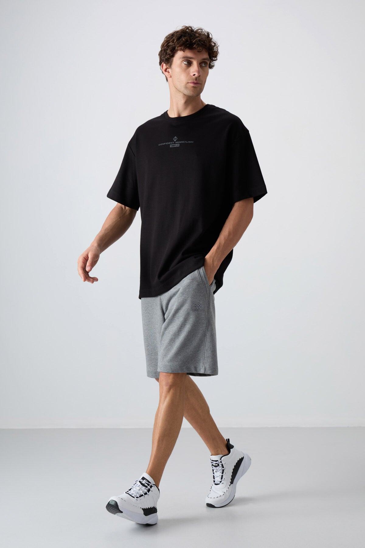 Black - Anthracite Cotton Thick Soft Textured Oversize Fit Printed Men's T-Shirt - 88321