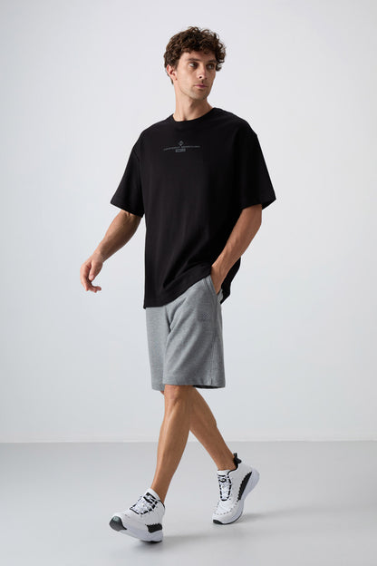 Black - Anthracite Cotton Thick Soft Textured Oversize Fit Printed Men's T-Shirt - 88321