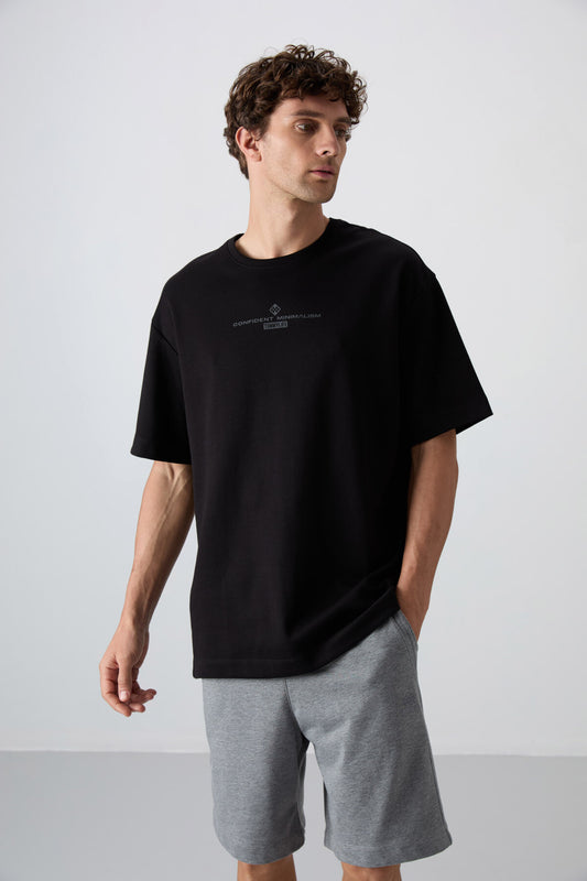 Black - Anthracite Cotton Thick Soft Textured Oversize Fit Printed Men's T-Shirt - 88321