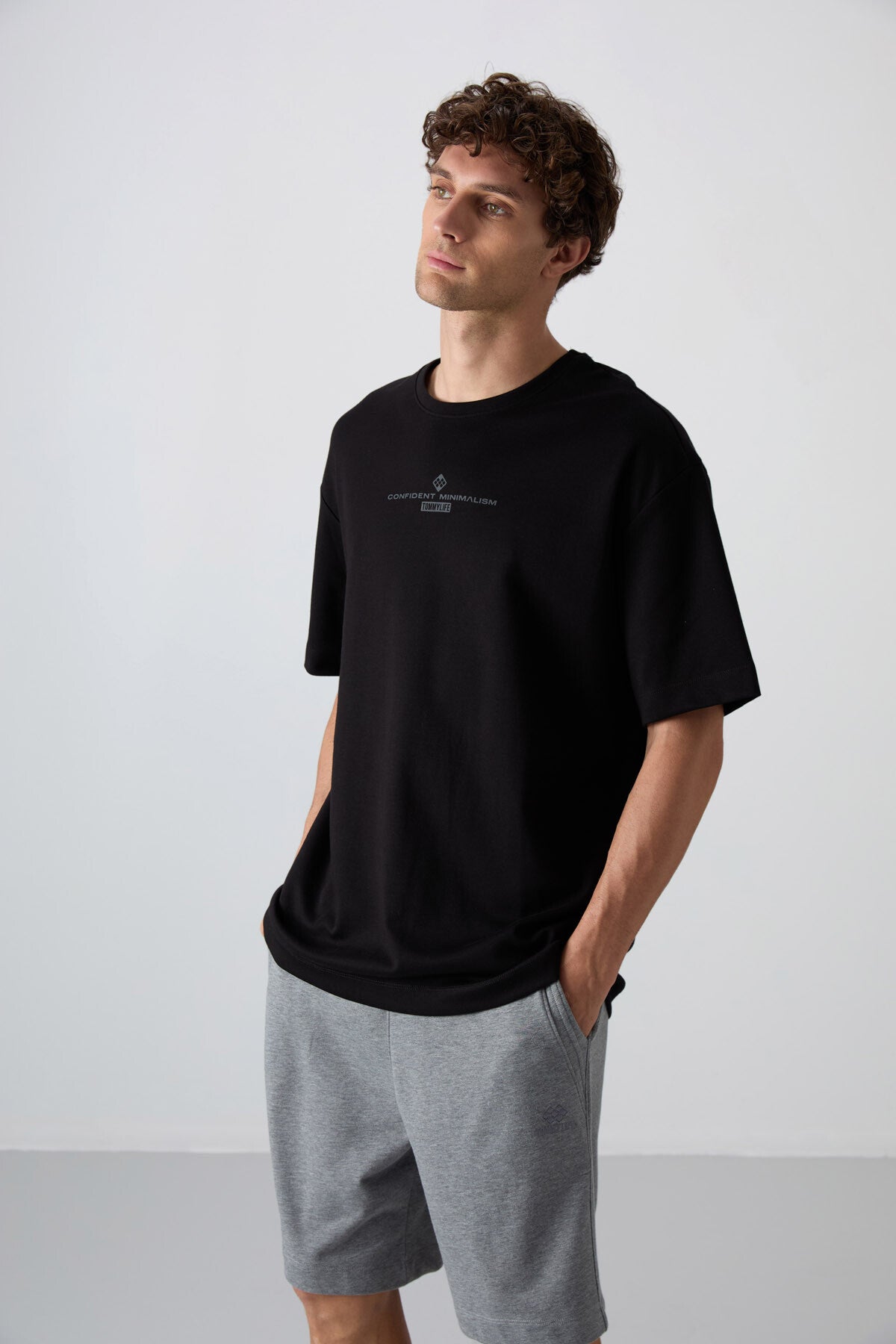 Black - Anthracite Cotton Thick Soft Textured Oversize Fit Printed Men's T-Shirt - 88321