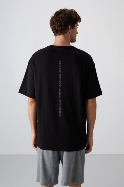 Black - Anthracite Cotton Thick Soft Textured Oversize Fit Printed Men's T-Shirt - 88321