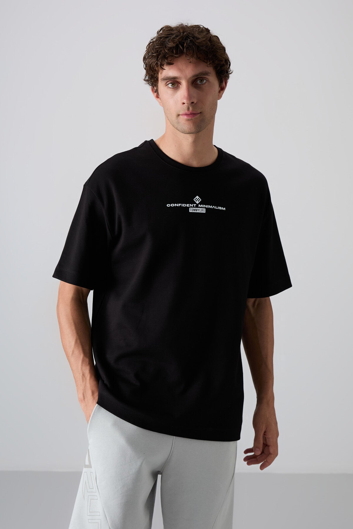 Black - White Cotton Thick Soft Textured Oversize Fit Printed Men's T-Shirt - 88321