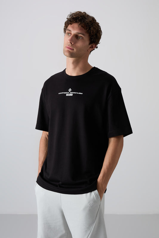 Black - White Cotton Thick Soft Textured Oversize Fit Printed Men's T-Shirt - 88321