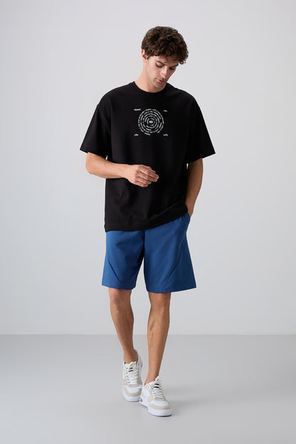 Black - White Cotton Thick Soft Textured Oversize Fit Printed Men's T-Shirt - 88324