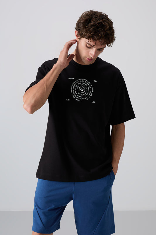 Black - White Cotton Thick Soft Textured Oversize Fit Printed Men's T-Shirt - 88324