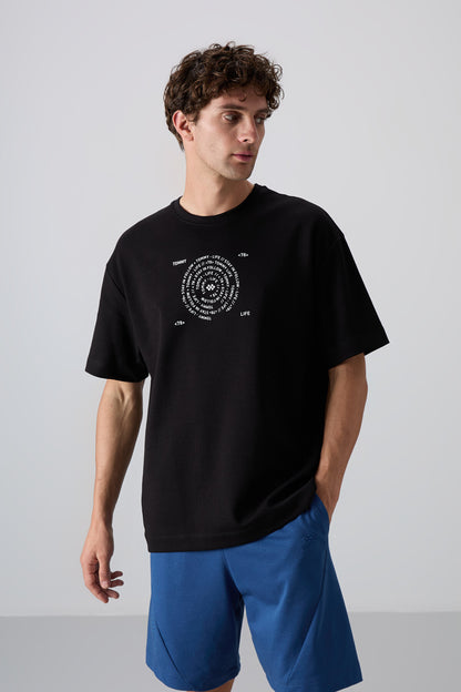 Black - White Cotton Thick Soft Textured Oversize Fit Printed Men's T-Shirt - 88324