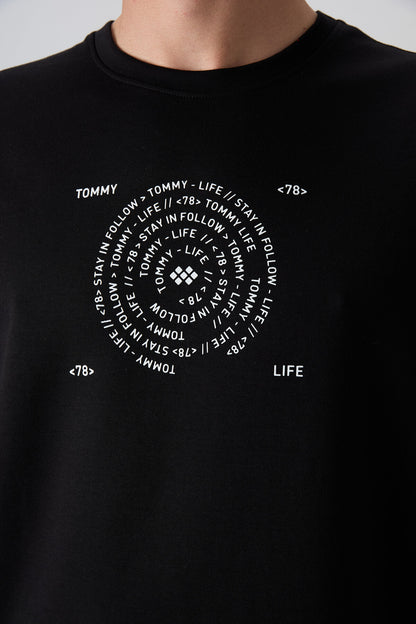 Black - White Cotton Thick Soft Textured Oversize Fit Printed Men's T-Shirt - 88324