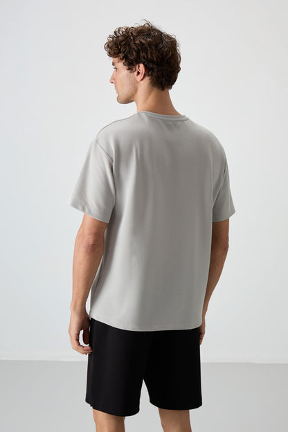Stone Waffle Interlock Textured Surface Oversize Fit Basic Men's T-Shirt - 88379