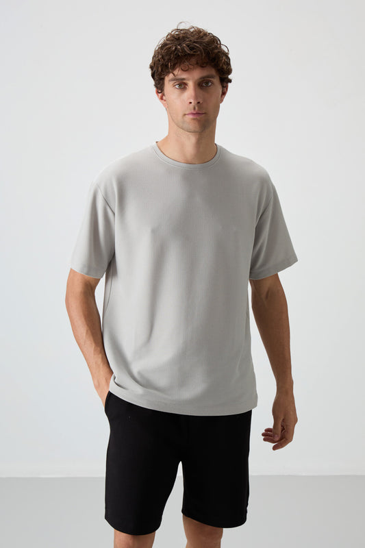 Stone Waffle Interlock Textured Surface Oversize Fit Basic Men's T-Shirt - 88379