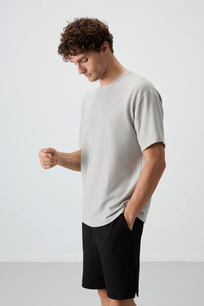 Stone Waffle Interlock Textured Surface Oversize Fit Basic Men's T-Shirt - 88379