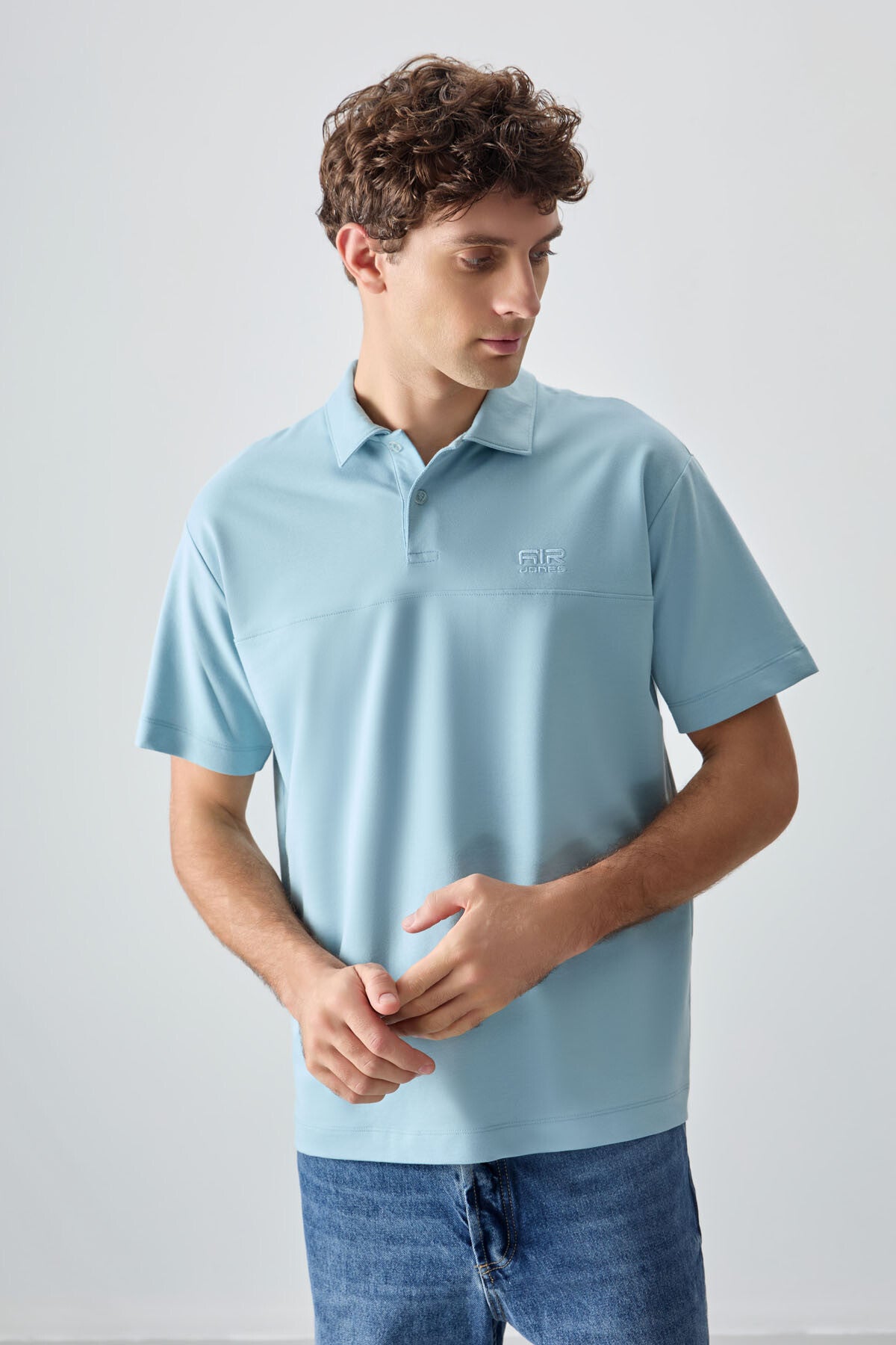 Light Blue Cotton Thick Soft Textured Polo Collar Oversize Fit Basic Men's T-Shirt - 88382