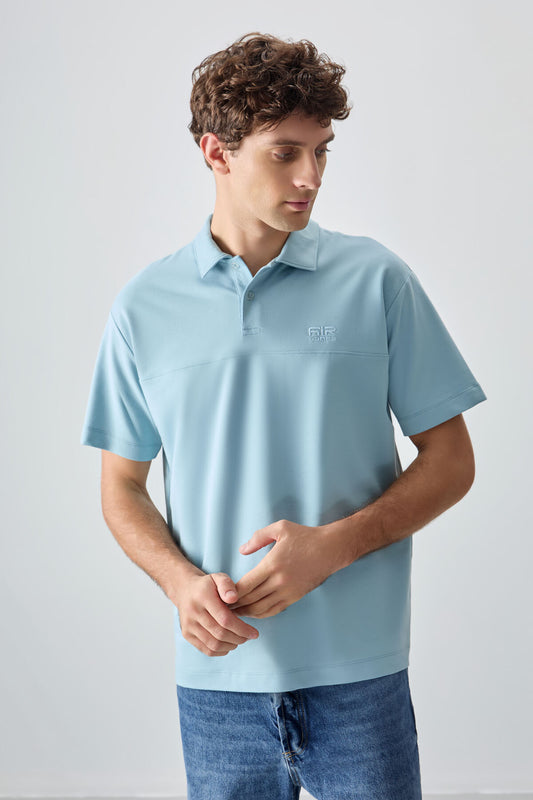 Light Blue Cotton Thick Soft Textured Polo Collar Oversize Fit Basic Men's T-Shirt - 88382