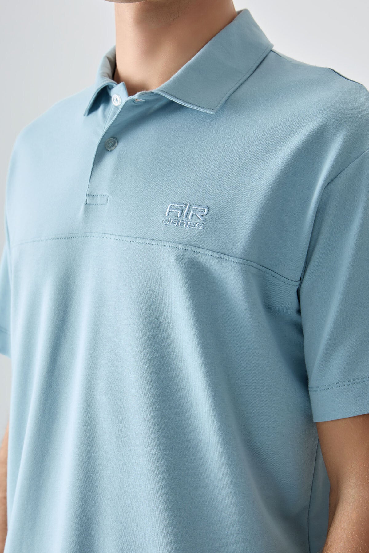 Light Blue Cotton Thick Soft Textured Polo Collar Oversize Fit Basic Men's T-Shirt - 88382