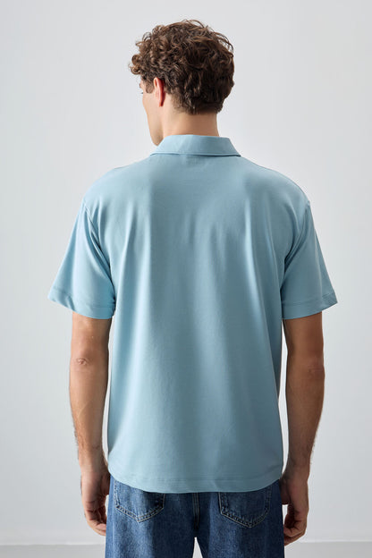 Light Blue Cotton Thick Soft Textured Polo Collar Oversize Fit Basic Men's T-Shirt - 88382