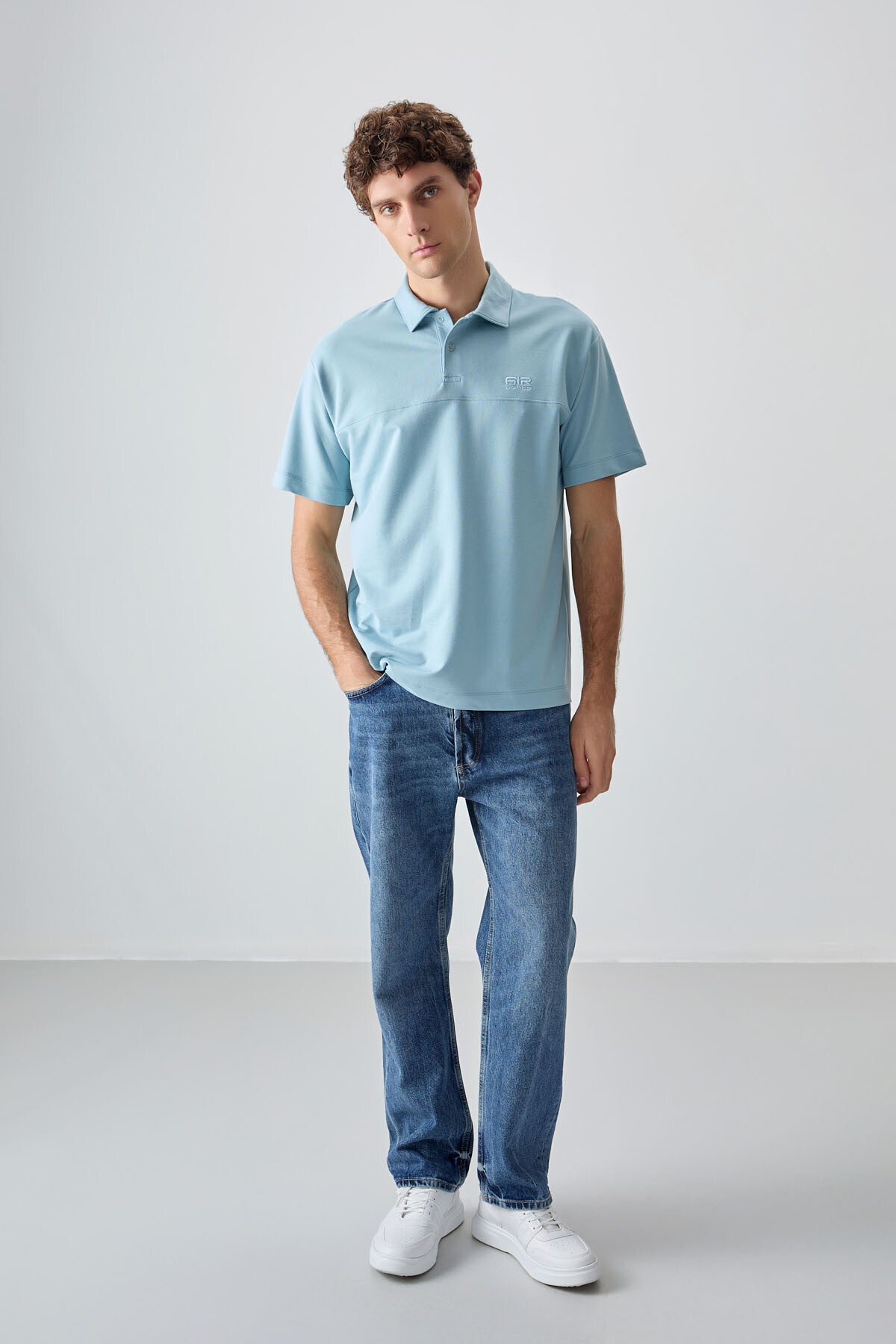 Light Blue Cotton Thick Soft Textured Polo Collar Oversize Fit Basic Men's T-Shirt - 88382