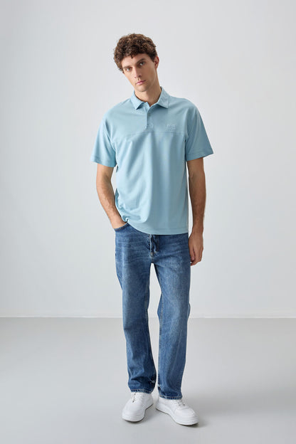 Light Blue Cotton Thick Soft Textured Polo Collar Oversize Fit Basic Men's T-Shirt - 88382