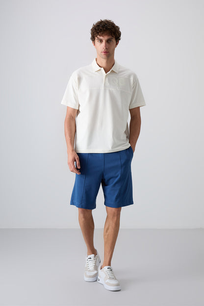 Ecru Thick Soft Textured Cotton Oversize Fit Printed Polo Collar Men's T-Shirt - 88347