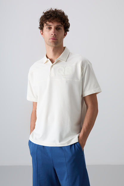 Ecru Thick Soft Textured Cotton Oversize Fit Printed Polo Collar Men's T-Shirt - 88347