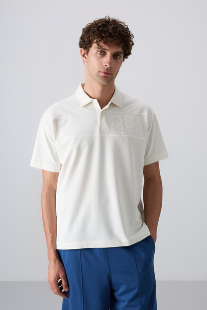 Ecru Thick Soft Textured Cotton Oversize Fit Printed Polo Collar Men's T-Shirt - 88347