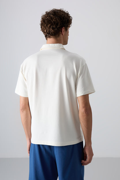 Ecru Thick Soft Textured Cotton Oversize Fit Printed Polo Collar Men's T-Shirt - 88347