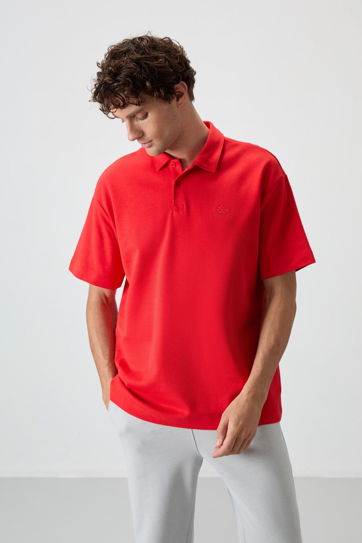 Fiesta Cotton Thick Soft Textured Oversize Fit Basic Polo Collar Men's T-Shirt - 88327