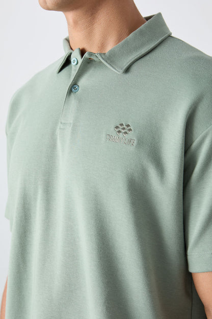 Light Green Cotton Thick Soft Textured Oversize Fit Basic Polo Collar Men's T-Shirt - 88327