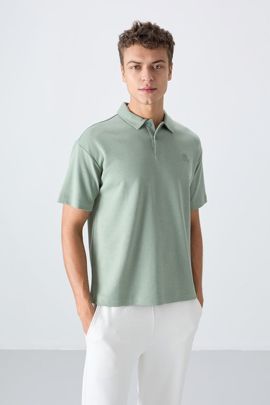 Light Green Cotton Thick Soft Textured Oversize Fit Basic Polo Collar Men's T-Shirt - 88327