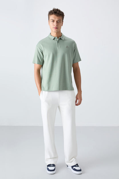 Light Green Cotton Thick Soft Textured Oversize Fit Basic Polo Collar Men's T-Shirt - 88327
