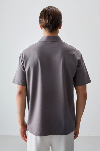Dark Grey Cotton Thick Soft Textured Polo Collar Oversize Fit Basic Men's T-Shirt - 88382