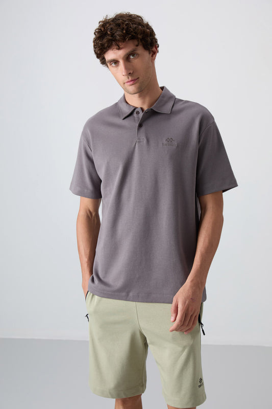 Dark Grey Cotton Thick Soft Textured Oversize Fit Basic Polo Collar Men's T-Shirt - 88327