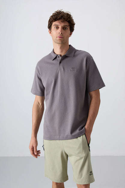 Dark Grey Cotton Thick Soft Textured Oversize Fit Basic Polo Collar Men's T-Shirt - 88327