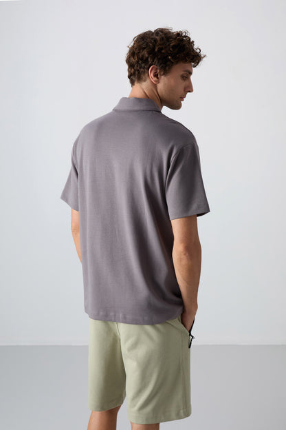 Dark Grey Cotton Thick Soft Textured Oversize Fit Basic Polo Collar Men's T-Shirt - 88327